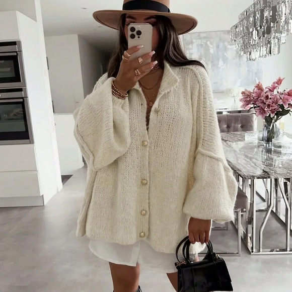 Apricot Casual Women's And Bone Edge Design Loose Single-Breasted Round Neck Swe - Picture 5 of 7